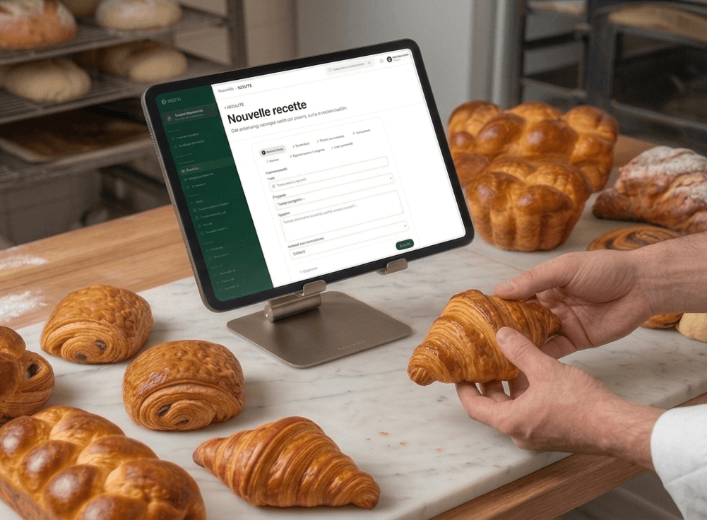 L'application Optimo affichée sur une tablette dans l'atelier, entourée de viennoiseries fraîches